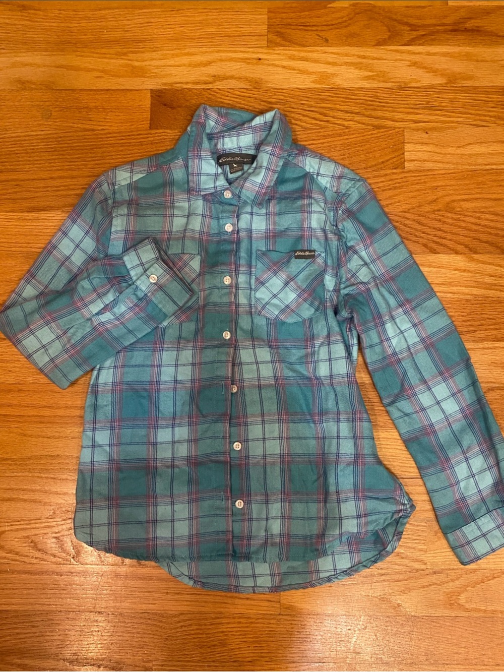 Eddie Bauer Kids Teal and Purple Plaid Flannel Shirt